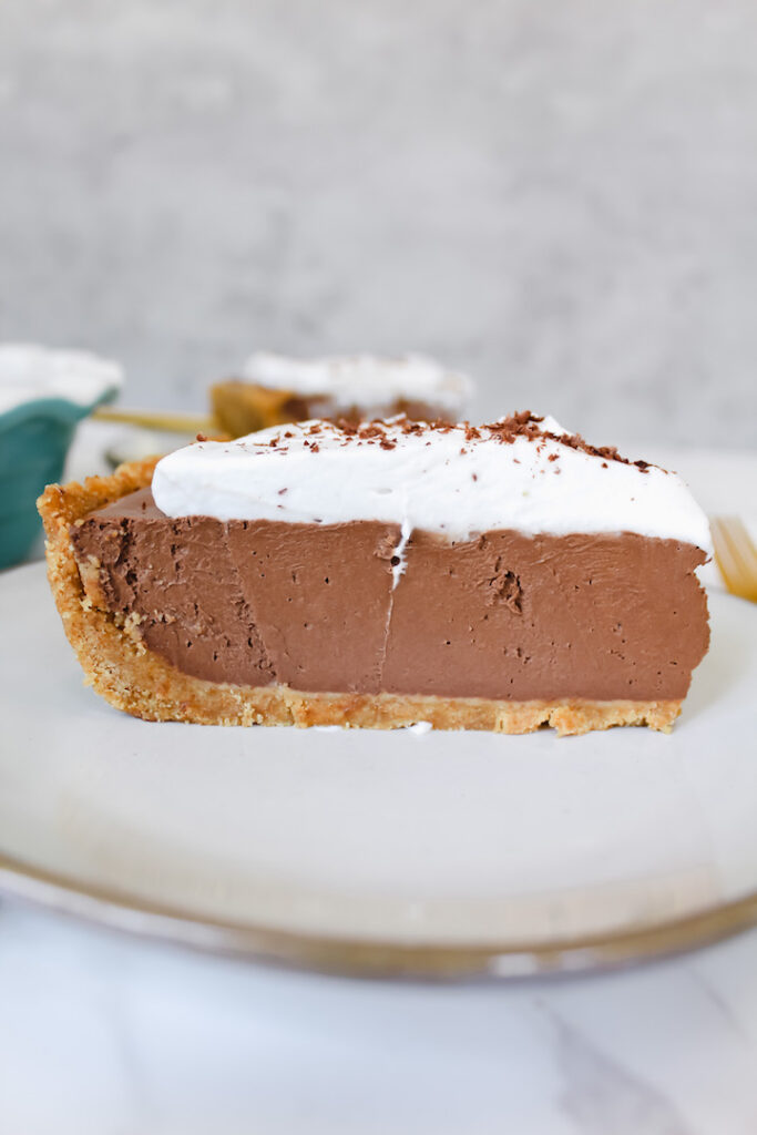 side view of the slice of chocolate silk pie