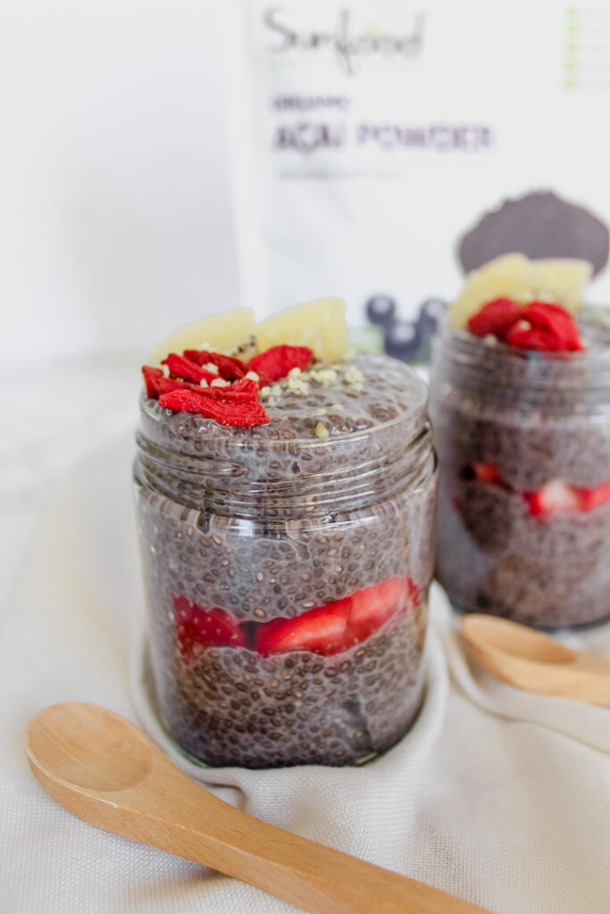 side view of the acai chia seed pudding