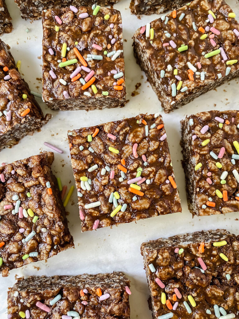 group shot of chocolate protein rice crispy treats