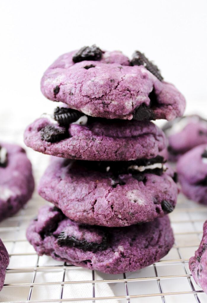 stack of 4 cookies and cream ube cookies