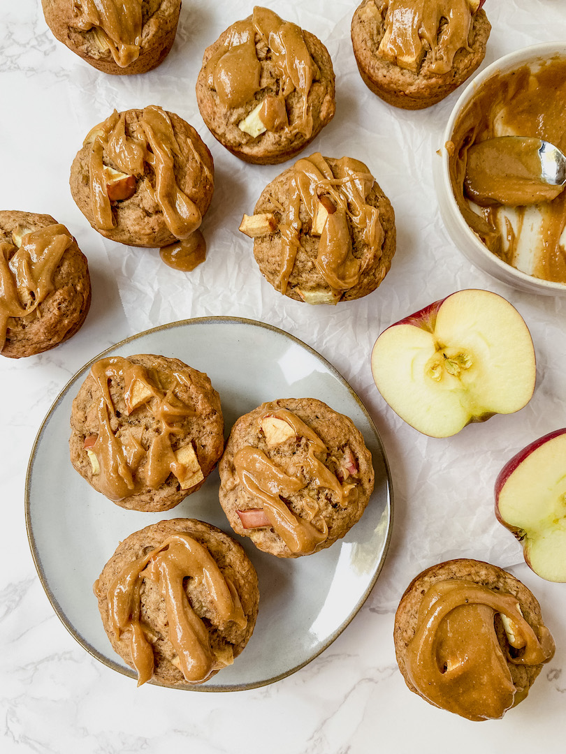 Caramel Apple Banana Muffins (vegan, oil-free, refined sugar free)