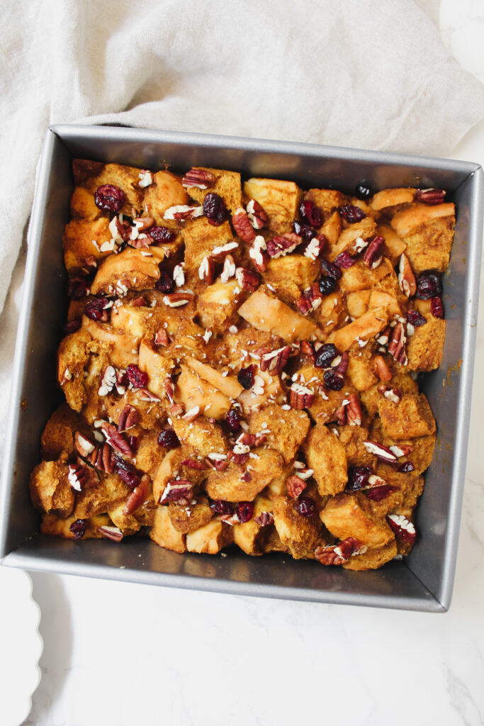 overview shot of pan of pumpkin french toast casserole