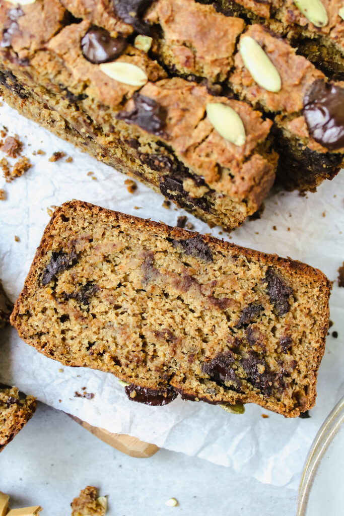 close up of one slice of pumpkin banana bread