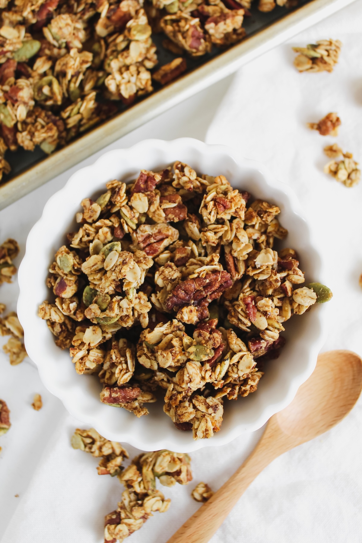 pumpkin granola in a white bowl