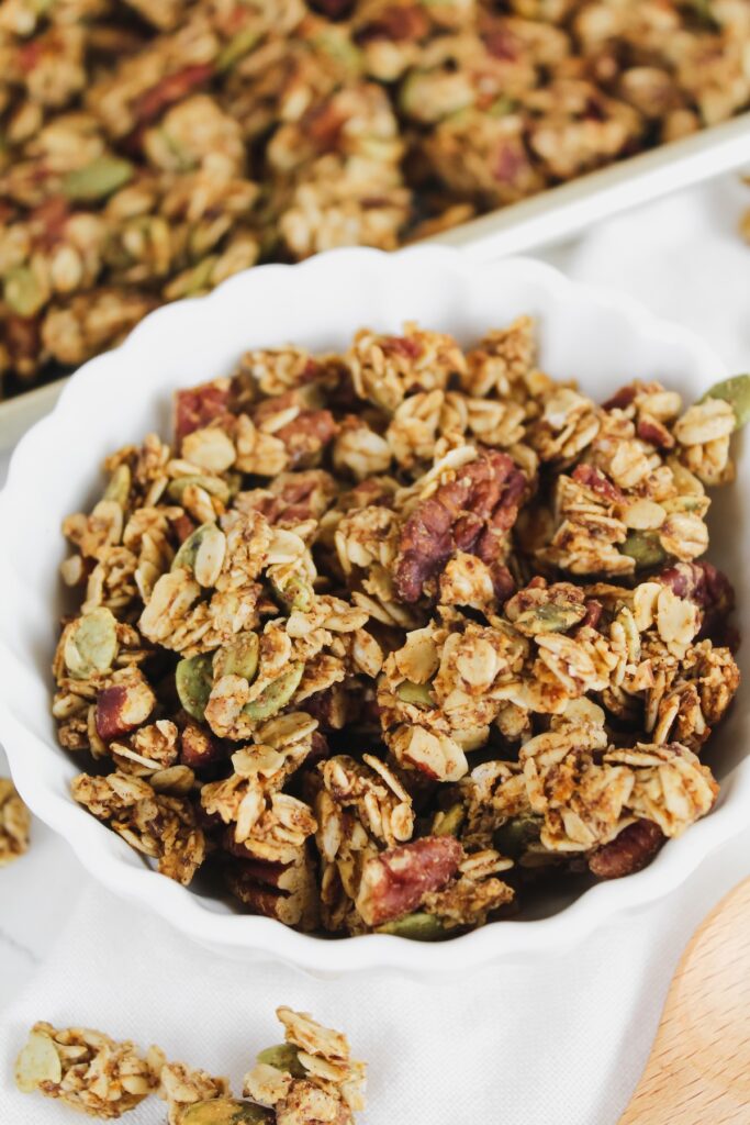angled close up shot of pumpkin pecan granola