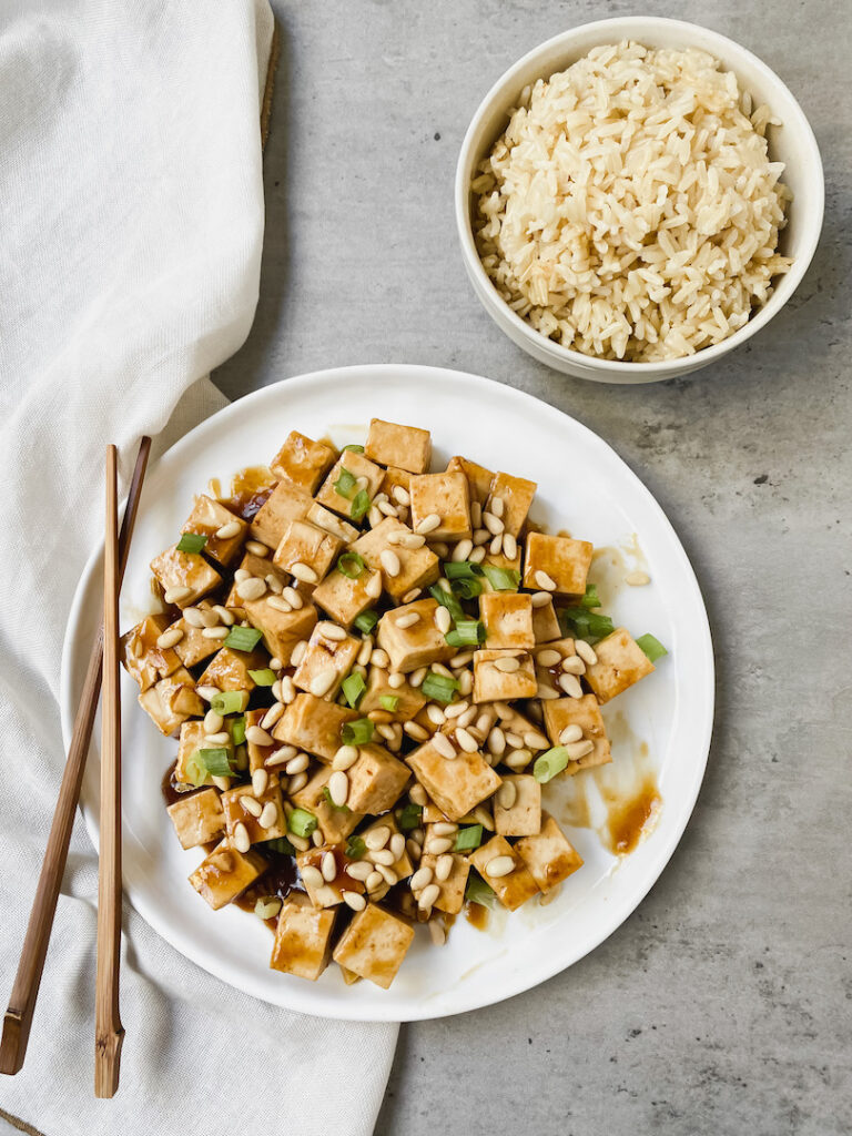 Overview shot of pine nut tofu and rice