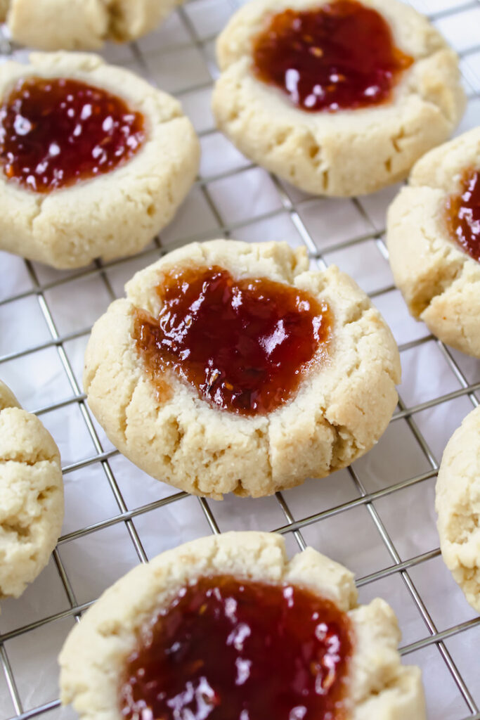 angled close up of thumbprint cookies