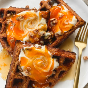 persimmon oat waffles with maple syrup