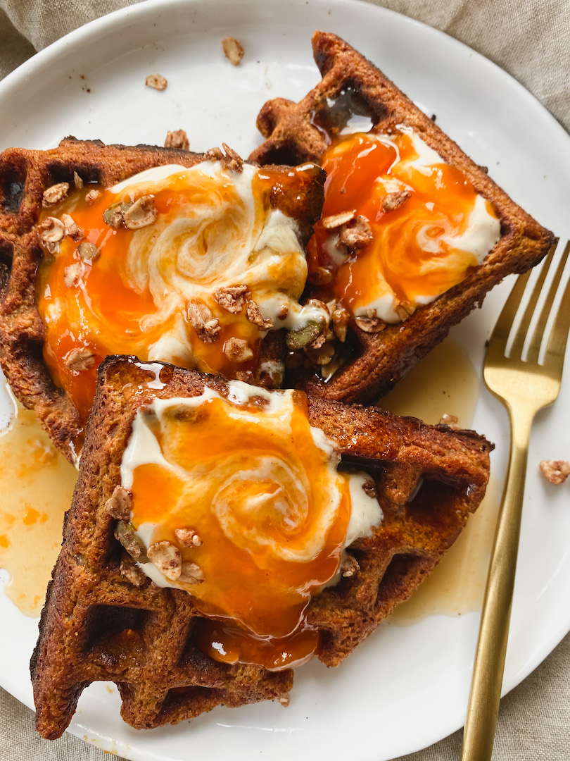 persimmon oat waffles with maple syrup