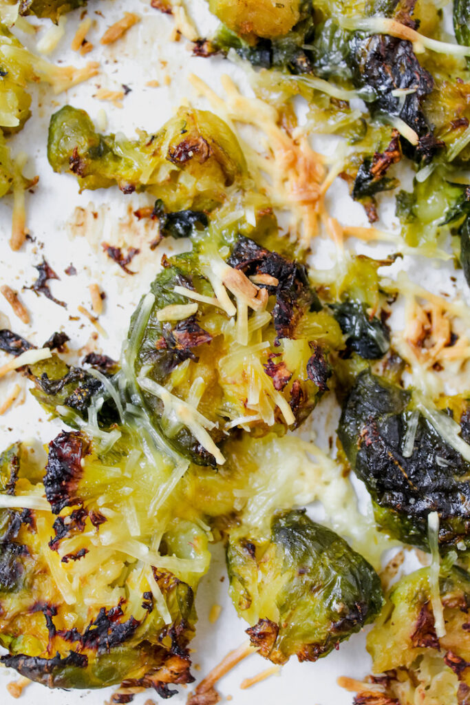 close up of a parmesan smashed brussels sprout