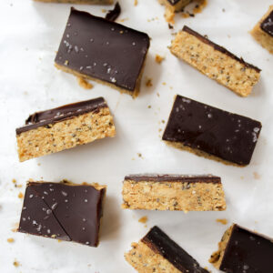 overview shot of chocolate peanut butter protein bars cut up