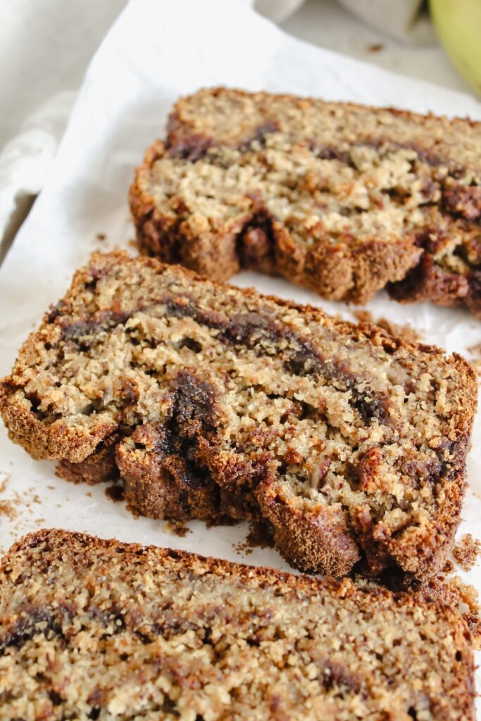 angled shot of cinnamon swirl banana bread