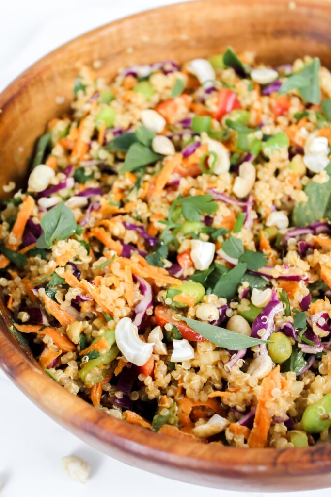 angled shot of spicy thai peanut quinoa salad