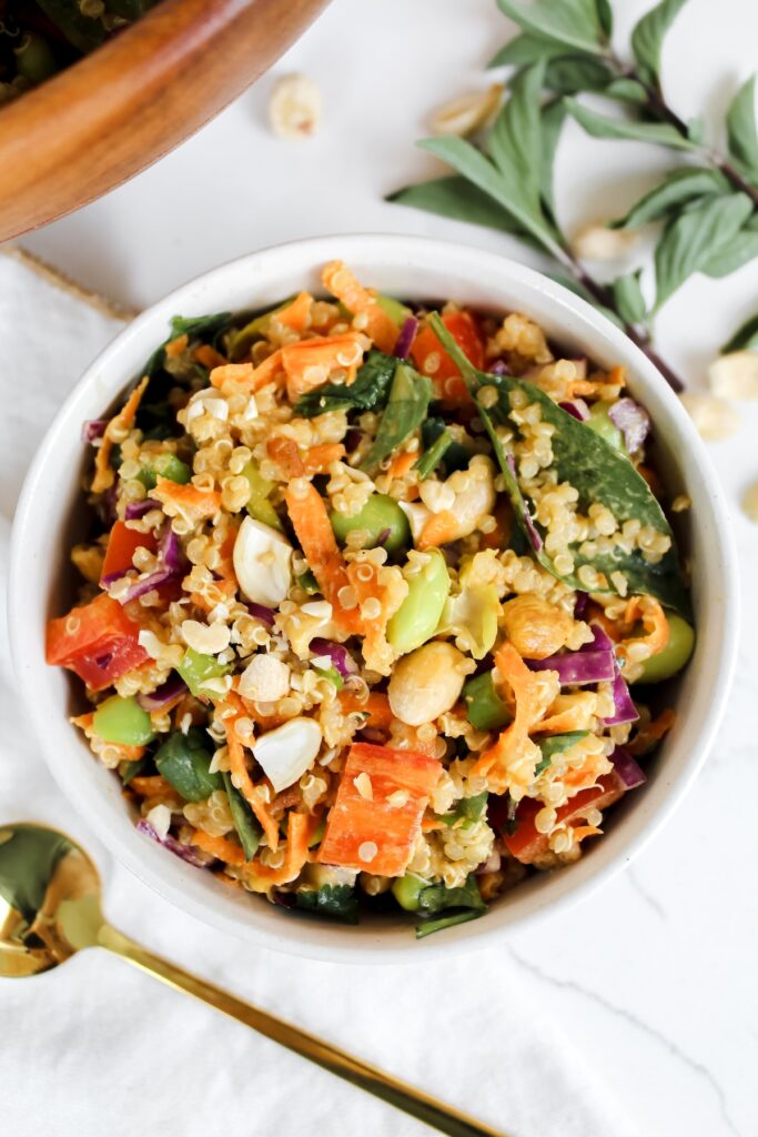 quinoa salad in a white bowl