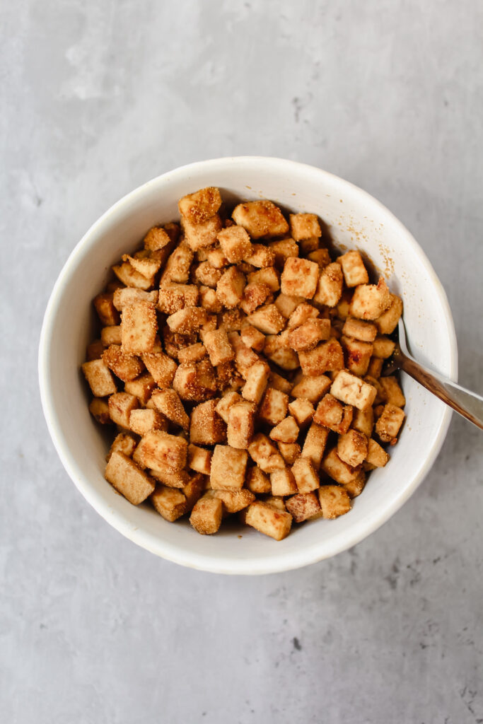 bowl of cooked diced tofu