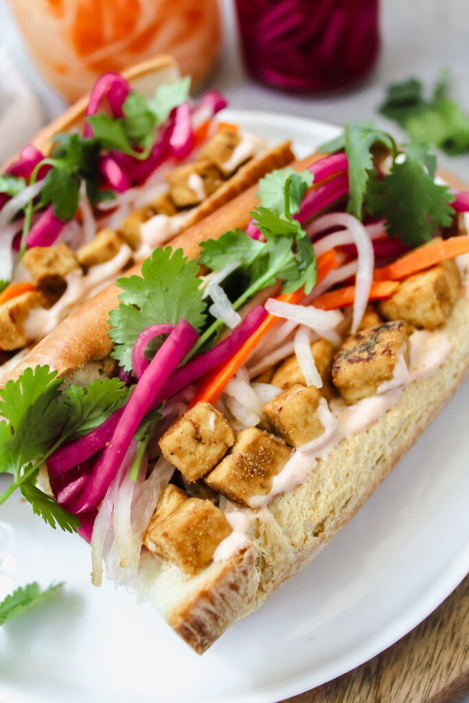 angled shot of one vegan tofu banh mi