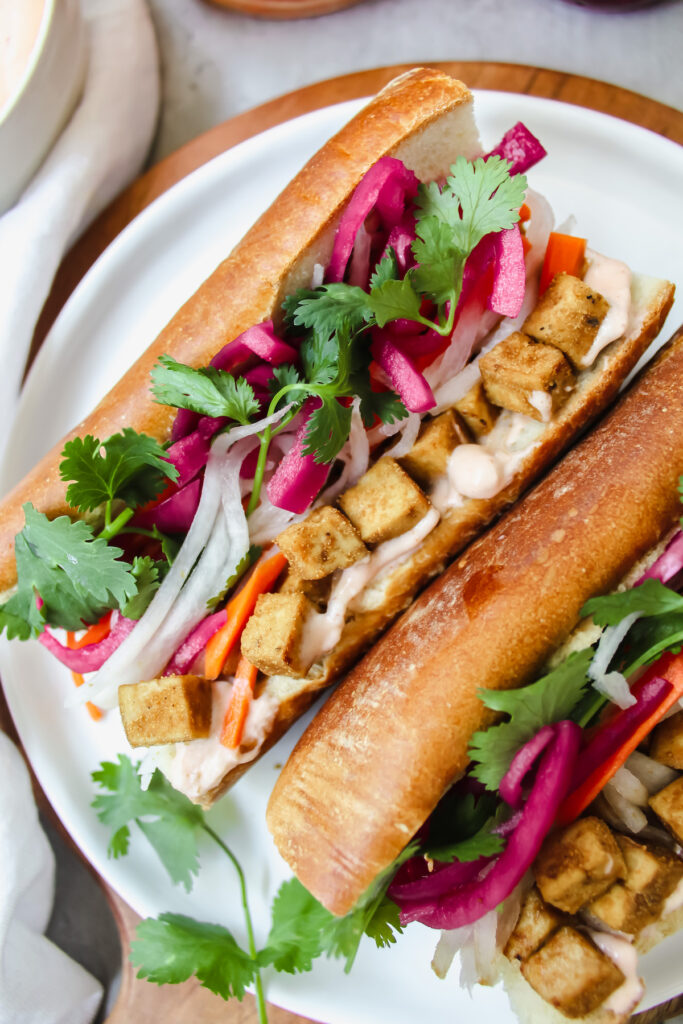 overview close up shot of tofu banh mi