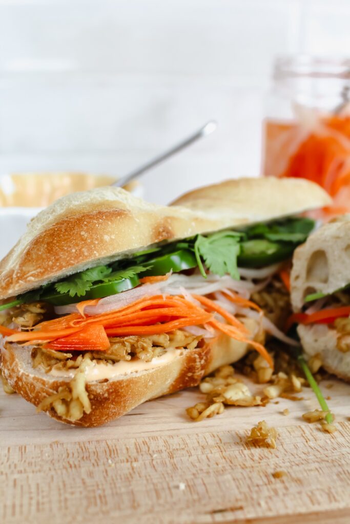 banh mi on a wooden cutting board