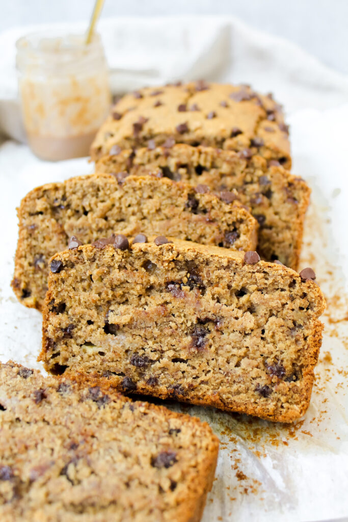 close up of a slice of banana bread