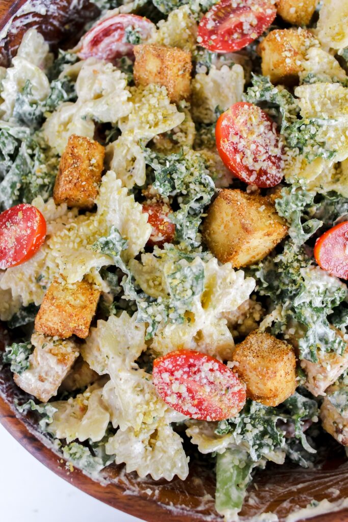 overview close up shot of pasta salad