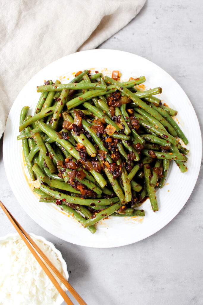 overview shot of entire plate of string beans