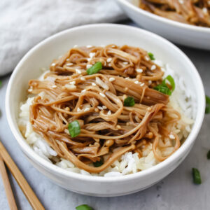 angled shot of bowl of rice with mushrooms on top