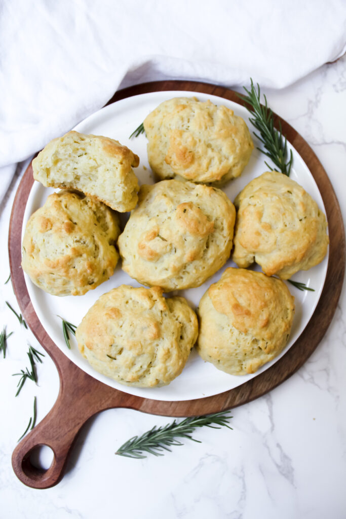 overview shot of rosemary olive oil biscuits on a plate