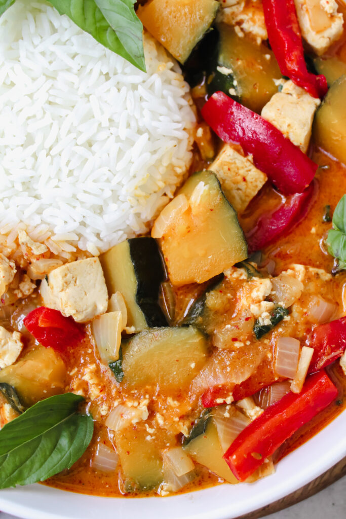 close up of thai red curry with rice