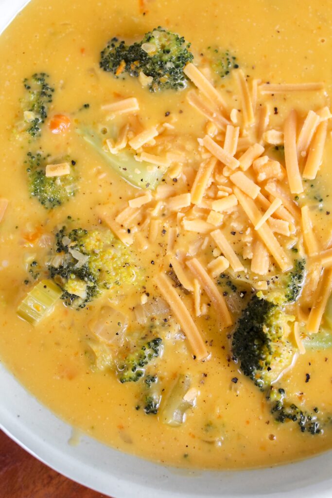 close up shot of vegan broccoli cheese soup