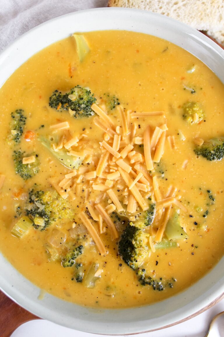 overview shot of bowl of broccoli cheese soup