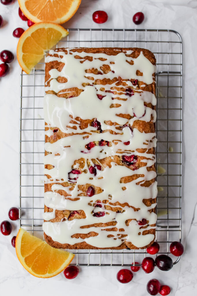 overview shot of entire loaf of the best cranberry orange bread 