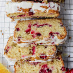 overview shot of sliced cranberry orange bread