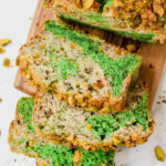 overview shot of slices of pandan pistachio banana bread