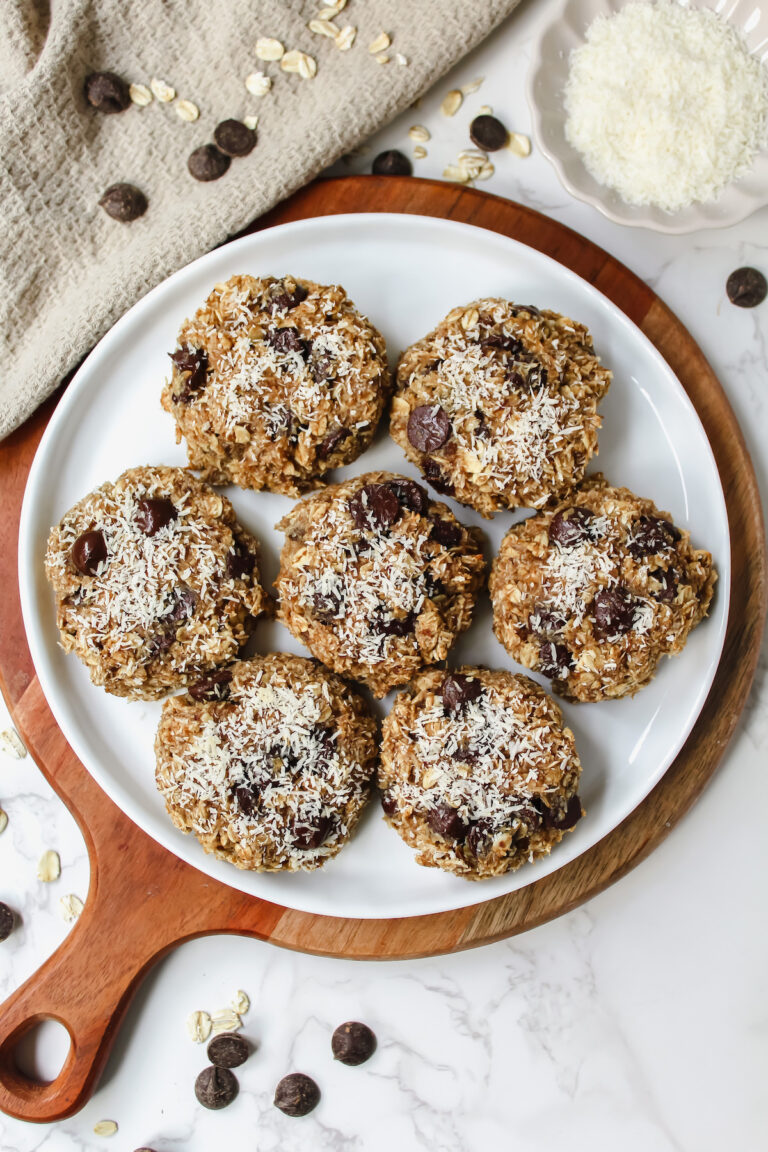 overview photo of plate with samoa oatmeal breakfast cookies