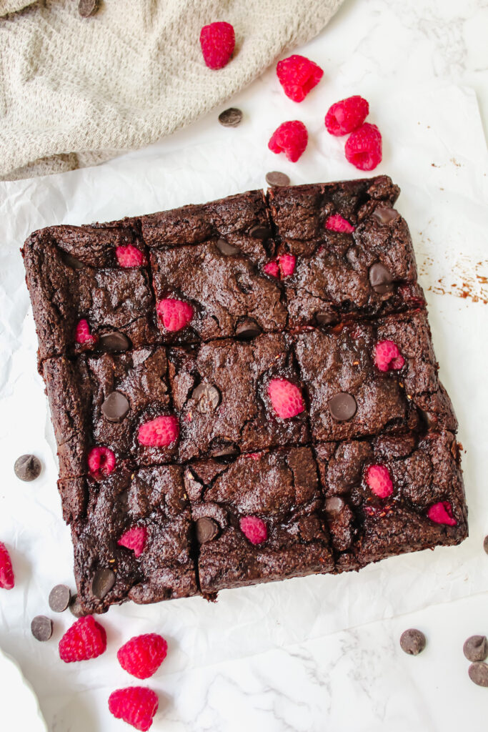 overview shot of healthy fudgy raspberry brownies