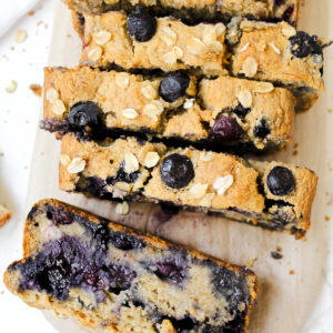 overview of sliced blueberry banana oat bread