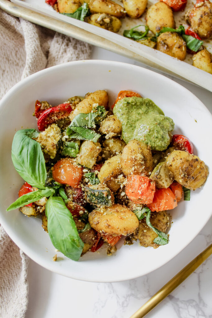 overview shot of pesto gnocchi in a bowl