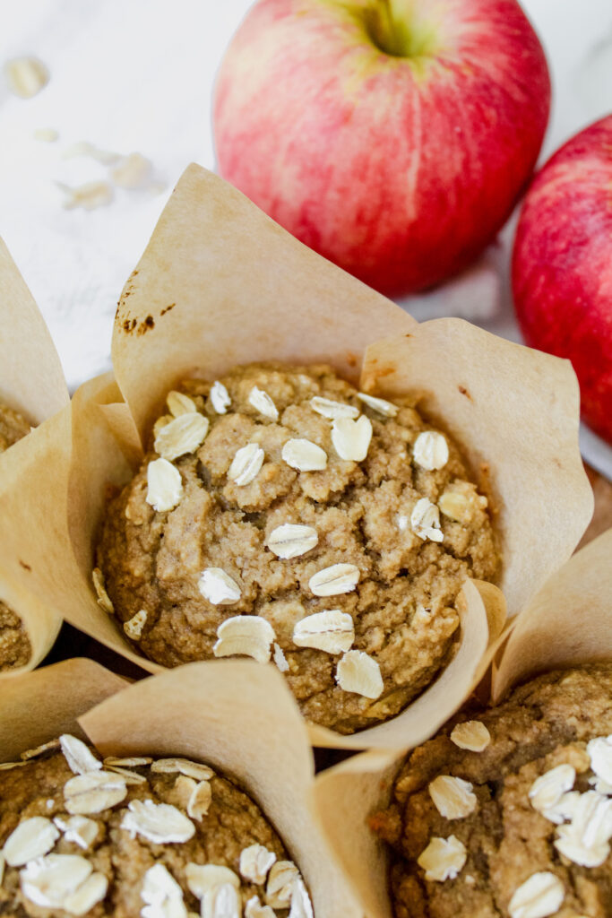 angled close up shot of applesauce oat muffin