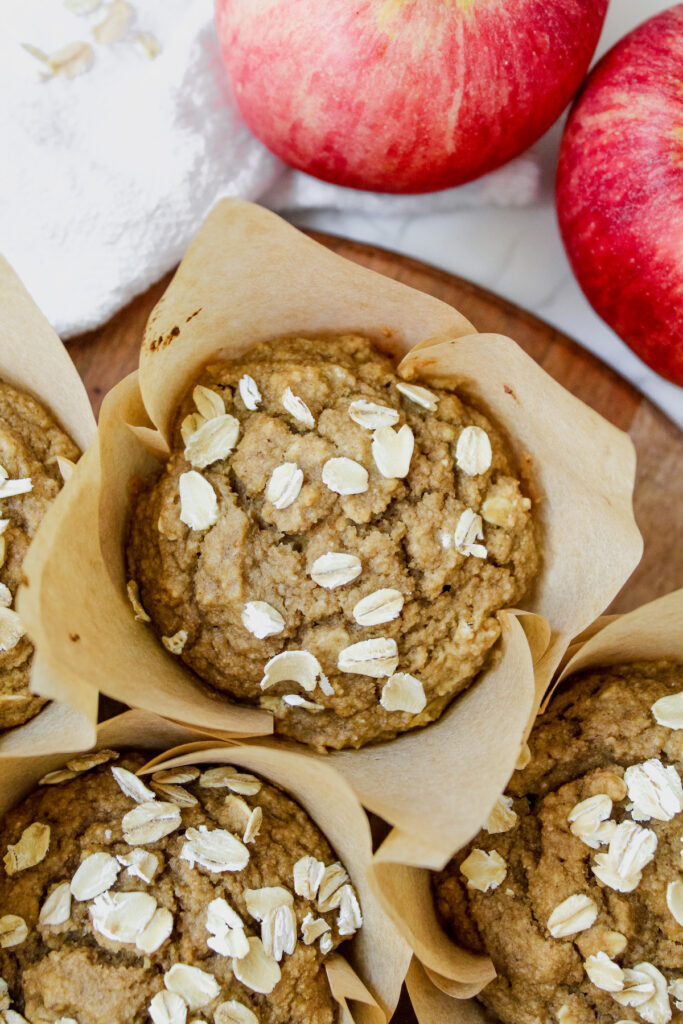 close up overhead shot of a healthy applesauce oat muffin