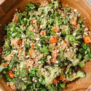 Overview shot of roasted broccoli and sweet potato quinoa salad