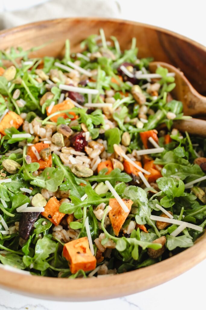 close up angled shot of farro salad