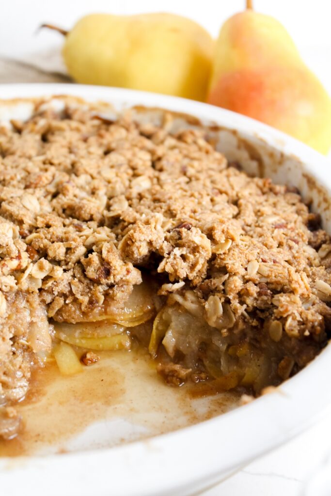 side angle view of the inside of the pear crisp