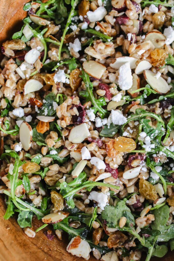 close up overview shot of warm farro salad