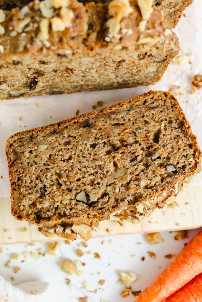 overview shot of a slice of healthy carrot cake banana bread