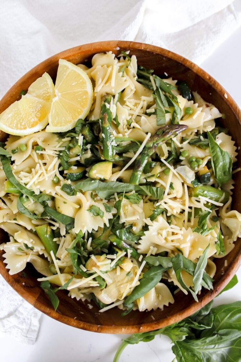 overview shot of lemon basil pasta salad in wooden bowl
