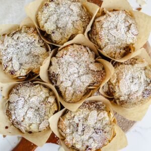 overview shot of almond croissant banana muffins