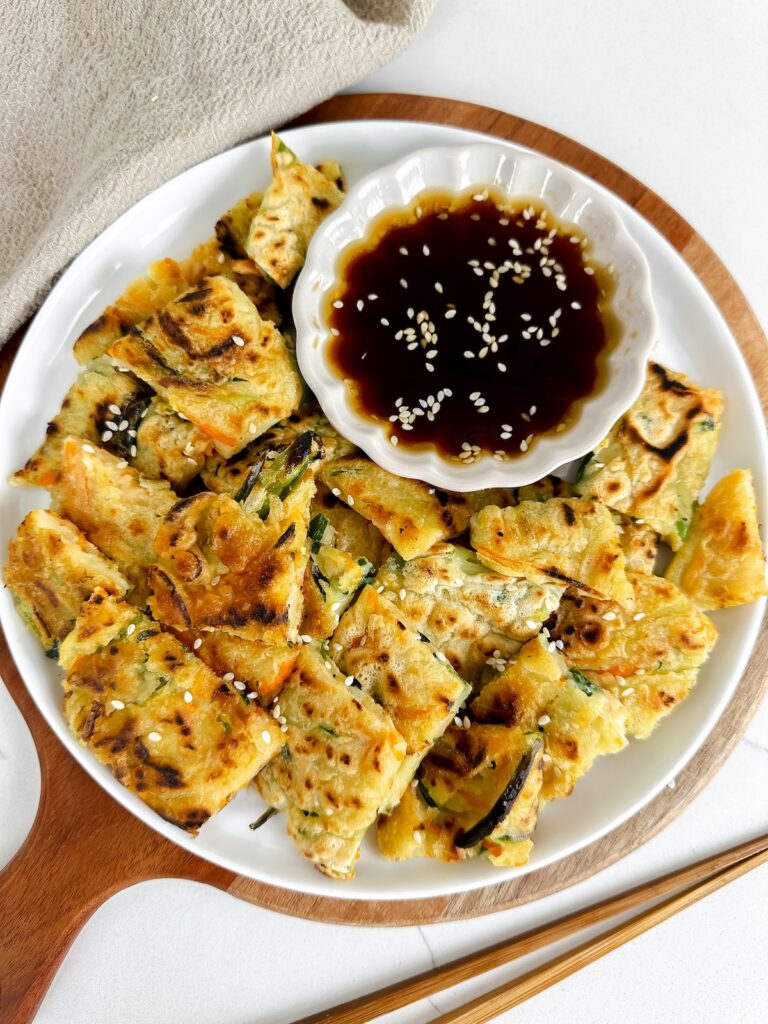 overview shot of plate with vegan korean pancakes