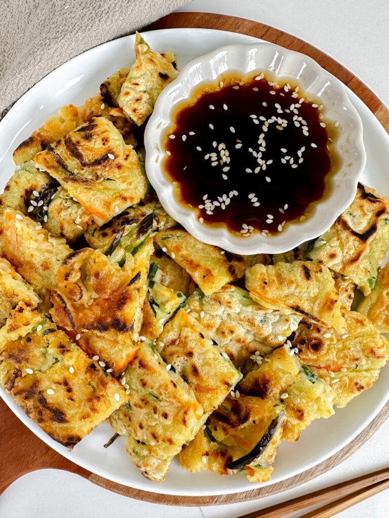 close up overview shot of korean vegetable pancakes