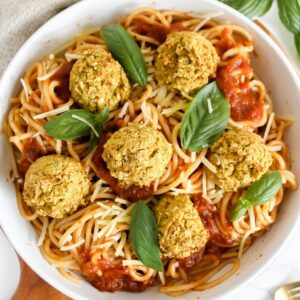 overview shot of entire plate of pasta with zucchini chickpea meatballs