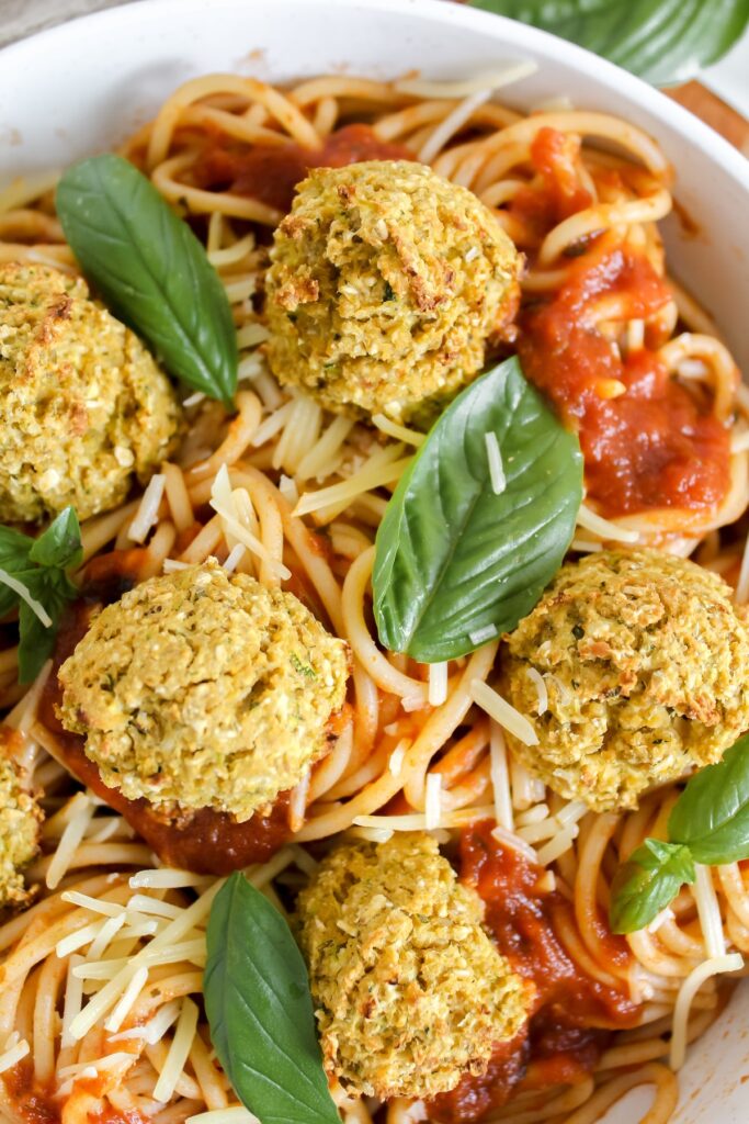 overview close up shot of pasta and veggie meatball